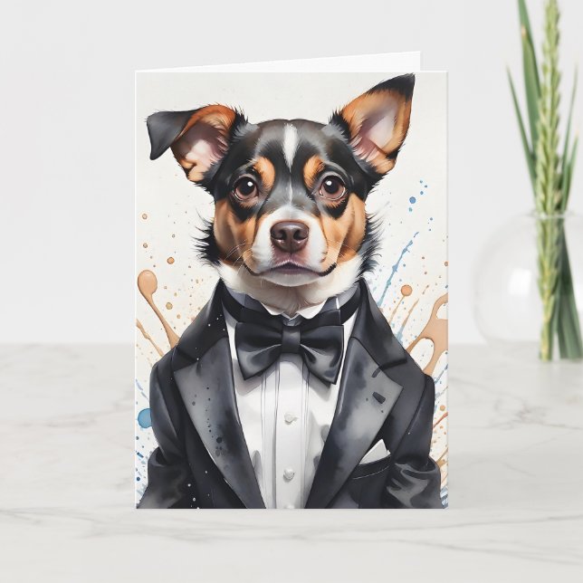 Aquarellkunst Niedlicher Hund Tuxedo Schwarzer Bow Karte (Vorderseite)
