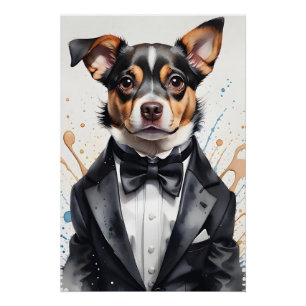 Aquarellkunst Niedlicher Hund Tuxedo Schwarzer Bow Poster