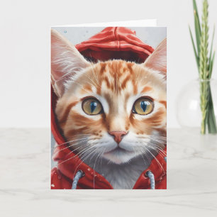 Aquarellkunst Orange Tabby-Katze in roter Kapuzenj Karte