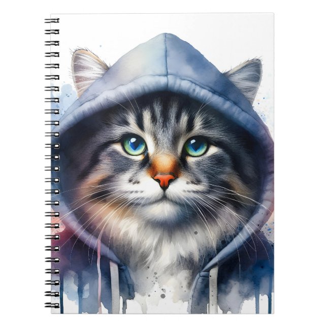 Aquarellkunst Tabby Katze im Hoodie-Spritzer Notizblock (Vorderseite)