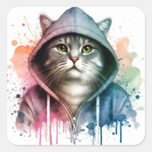 Aquarellkunst Tabby Katze im Hoodie-Spritzer Quadratischer Aufkleber
