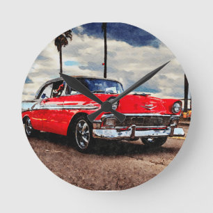 Aquarellkunst von 1956 Chevrolet Bel Air Runde Wanduhr