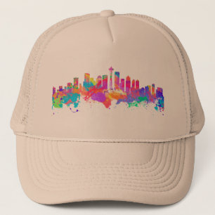 Aquarellkunstdruck der Skyline von Seattle USA Truckerkappe