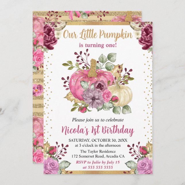 Aquarellkürbis Herbst 1. Geburtstag Einladung (Vorne/Hinten)