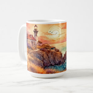 Aquarellküste Leuchtturm & Katze Kaffeetasse