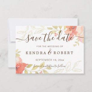 Aquarelllachs Pink Roses & Gold Foliage Rett T Save The Date