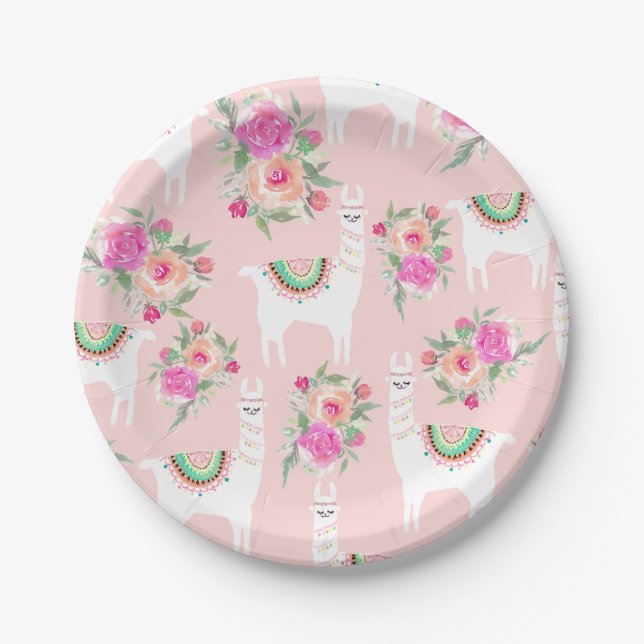 Aquarelllama auf Korallenrosa Pappteller (Vorderseite)