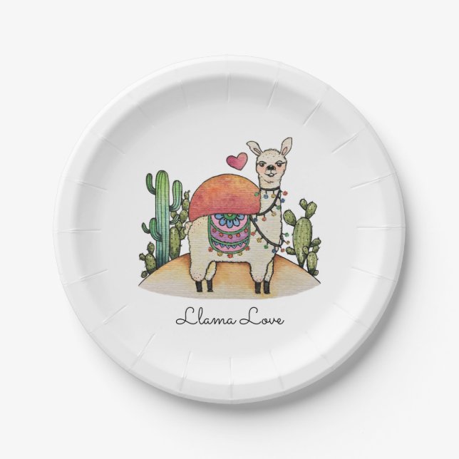 Aquarelllama mit Kakteen Pappteller (Vorderseite)