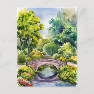 Aquarelllandschaft Grüne Gartenbrücke See Postkarte