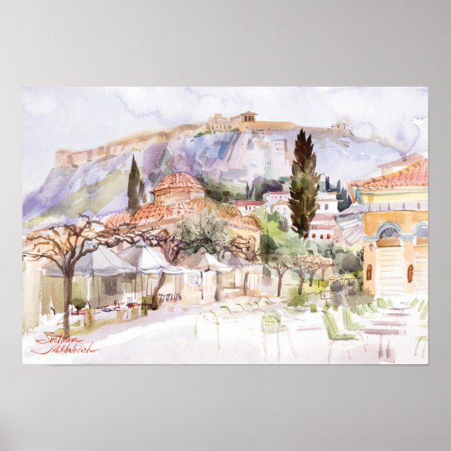 Aquarelllandschaft in Athen, Griechenland. Kunst Poster (Vorne)