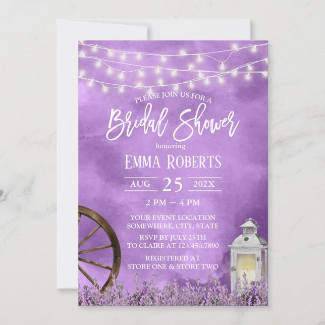 Aquarelllavender Blume & Lantern Bridal Showe Einladung (Vorderseite)