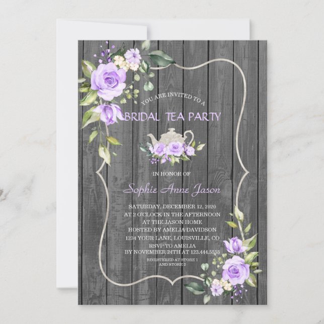 Aquarelllavender Blume Wood Bridal Tee Party Einladung (Vorderseite)