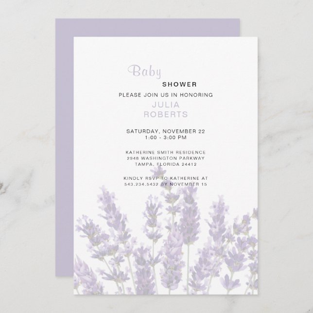 Aquarelllavender Floral Baby Dusche Einladung (Vorne/Hinten)