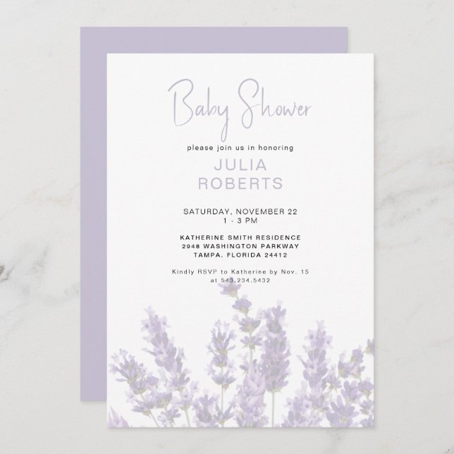 Aquarelllavender Floral Baby Dusche II Einladung (Vorne/Hinten)