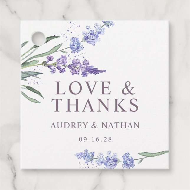 Aquarelllavender Floral Liebe & Dank Hochzeit Geschenkanhänger (Vorderseite)