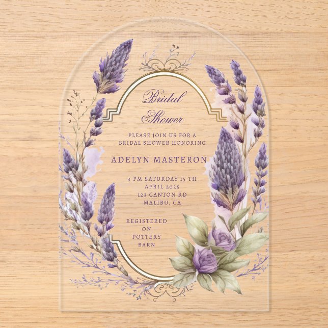 Aquarelllavender Floral Regal Brautparty Acryleinladungen (Vorderseite)