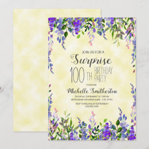 Aquarelllavender Gelbe Überraschung 100. Geburtsta Einladung