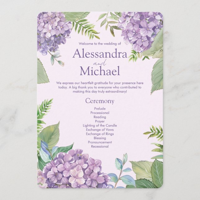 Aquarelllavender Hydrangea Blume Fern Wedding Programm (Vorderseite)