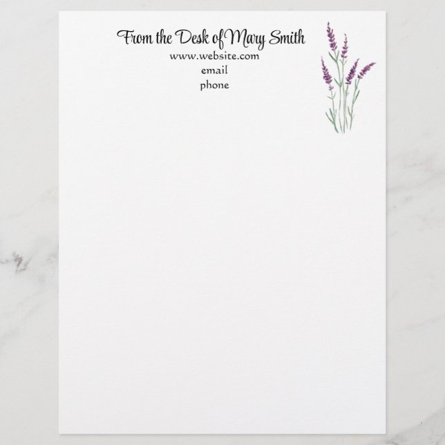 Aquarelllavender Personalisiert Letterhead Briefbogen (Vorderseite)