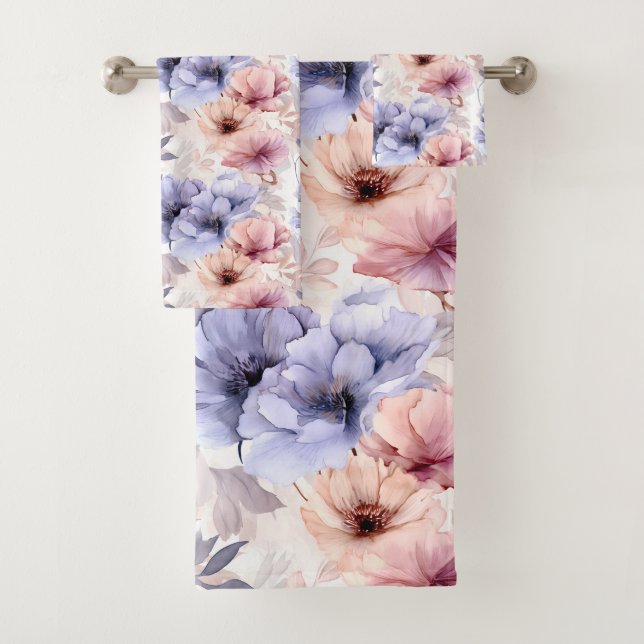 Aquarelllavender Pink Pastellfarben Blume Frühling Badhandtuch Set (Insitu)