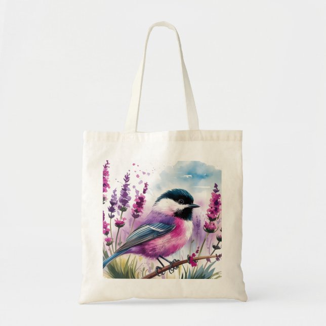 Aquarelllavender und Chickadee Tragetasche (Vorne)