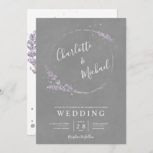 Aquarelllavender und Hochzeit mit grauem Kranz Einladung