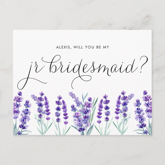 Aquarelllavender wird meine Jr Bridesmaid sein Einladungspostkarte (Vorderseite)