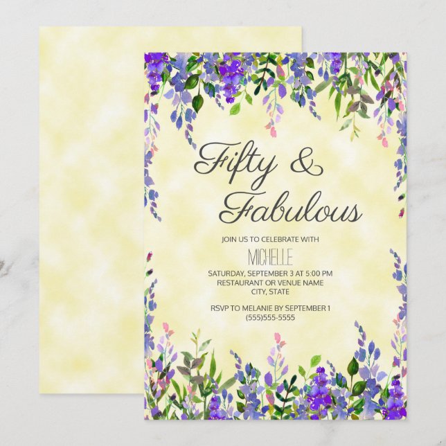 Aquarelllavender Yellow 50 & Fabulous Birthday Einladung (Vorne/Hinten)
