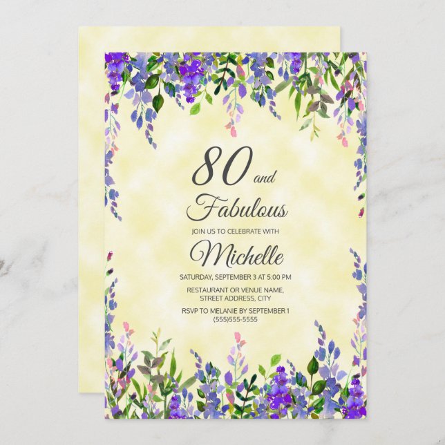 Aquarelllavender Yellow 80 & Fabulous Birthday Einladung (Vorne/Hinten)