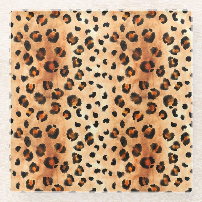 Aquarellleopard Print: Exotic Fur Textur Glasuntersetzer (Vorderseite)