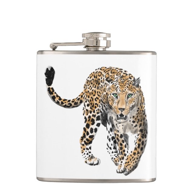 Aquarellleopard-Urwaldkatze grün gestrichen Flachmann (Vorderseite)