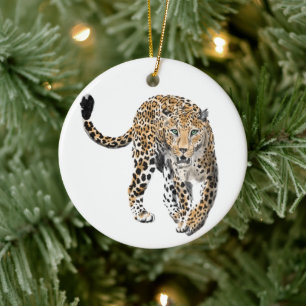 Aquarellleopard-Urwaldkatze grün gestrichen Keramik Ornament