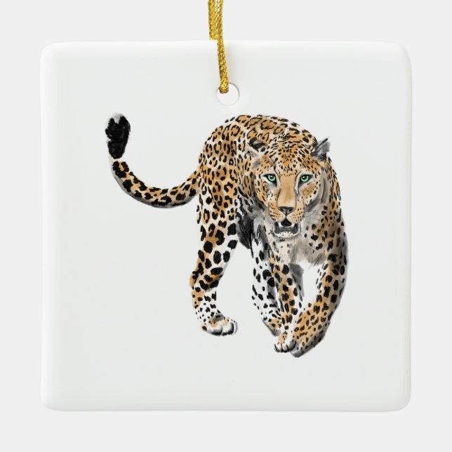 Aquarellleopard-Urwaldkatze grün gestrichen Keramikornament (Vorderseite)