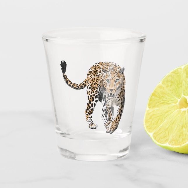 Aquarellleopard-Urwaldkatze grün gestrichen Schnapsglas (Vorderseite)