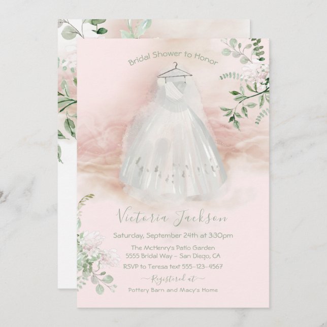 Aquarelllicht & Airy Bridal Gown Dusche Einladung (Vorne/Hinten)