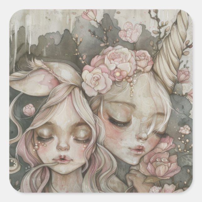 Aquarellmädchen Quadratischer Aufkleber (Vorderseite)