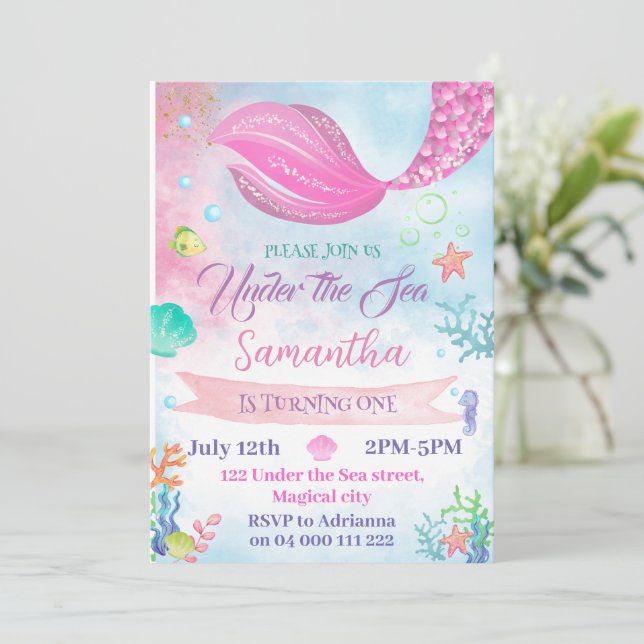 Aquarellmaid 1. 2. 3. 4. 5. Geburtstag Einladung (Stehend Vorderseite)