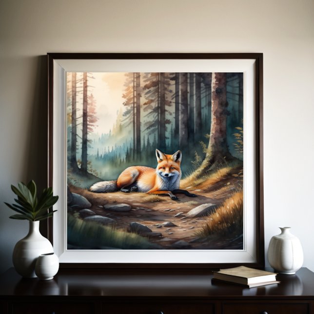 Aquarellmaler Fox Lying in Forest 1:1 Poster (Von Creator hochgeladen)