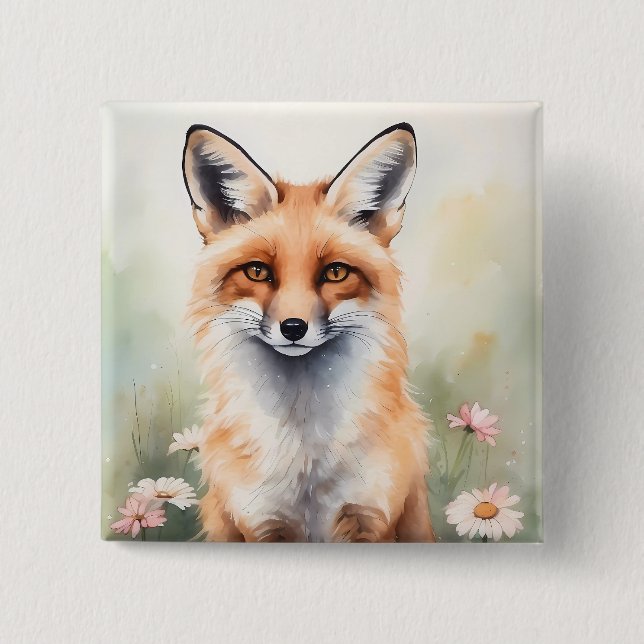 Aquarellmaler Fox mit dunklen Blume Button (Vorderseite)