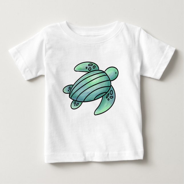 Aquarellmaler Meeresschildkröte Cartoon blau grün Baby T-shirt (Vorderseite)