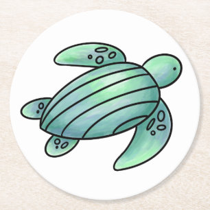 Aquarellmaler Meeresschildkröte Cartoon blau grün Runder Pappuntersetzer