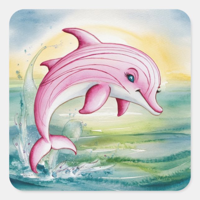 Aquarellmaler Rosa Delphin Quadratischer Aufkleber (Vorderseite)