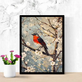 Aquarellmaler Vogel in Tree Weiße Blume Poster