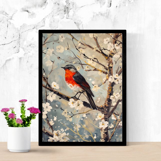 Aquarellmaler Vogel in Tree Weiße Blume Poster (Red Breast Bird in Tree with White Flower Blossoms Wall Art Poster Print.)