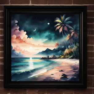 Aquarellmalerei am tropischen Strand bei Nacht Poster
