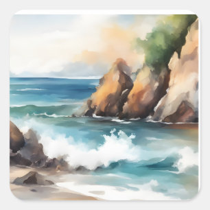 Aquarellmalerei an der Küste Design Kunst Quadratischer Aufkleber