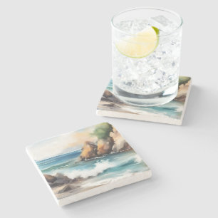 Aquarellmalerei an der Küste Design Kunst Steinuntersetzer