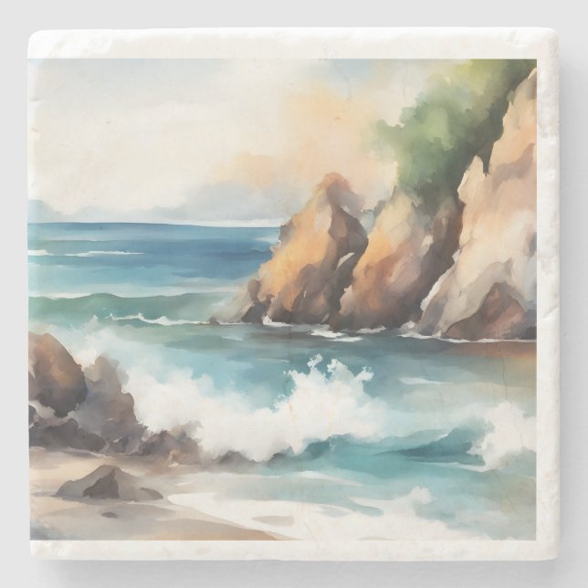 Aquarellmalerei an der Küste Design Kunst Steinuntersetzer (Vorderseite)