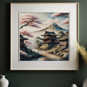 Aquarellmalerei Antikes Japanisches Dorf 1:1 Poster