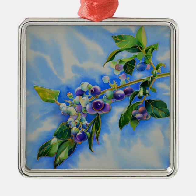 Aquarellmalerei auf Blaubeere Silbernes Ornament (Vorne)